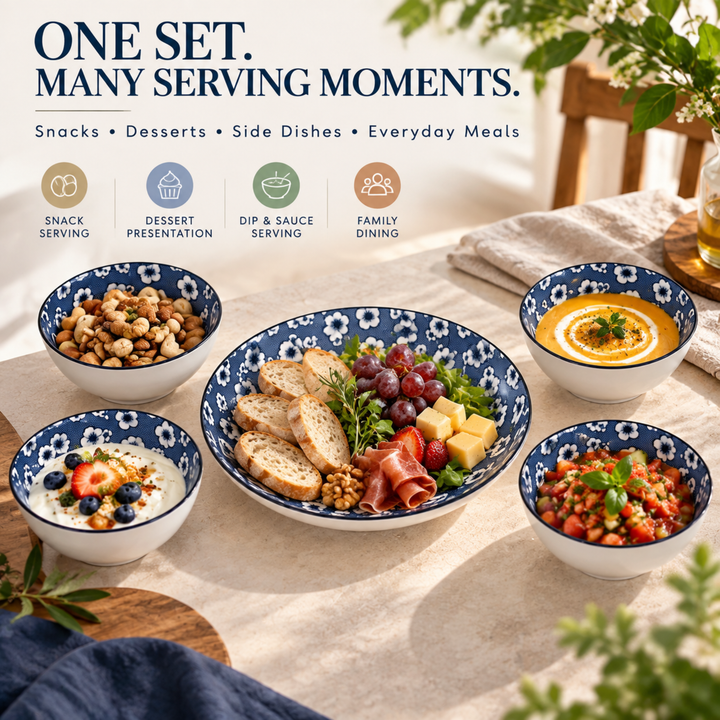 5-Piece Blue & White Ceramic Serving Bowl Set with Large Plate, Floral Pattern, 4 Individual Bowls for Snacks, Desserts, Salads & Side Dishes