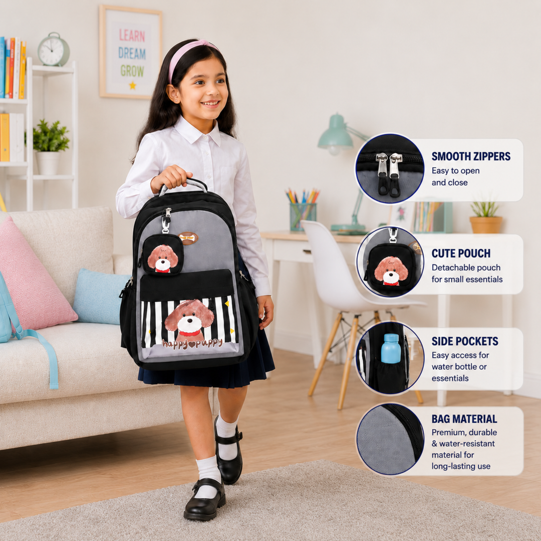 Puppy School Bag, Lightweight Backpack with Multiple Compartments, Front Utility Pocket, Side Bottle Pockets & Adjustable Padded Shoulder Straps