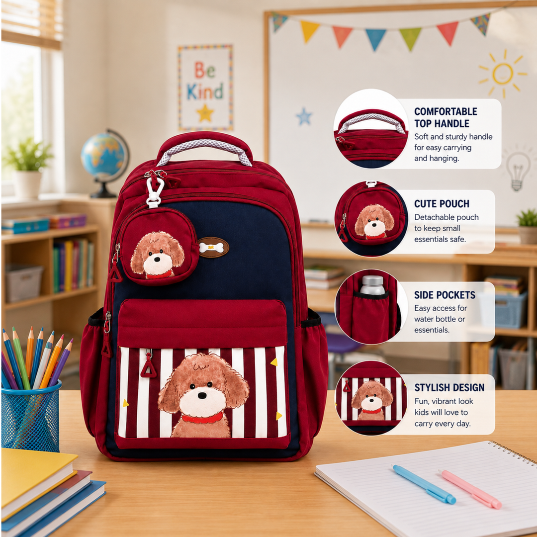 Puppy School Bag, Lightweight Backpack with Multiple Compartments, Front Utility Pocket, Side Bottle Pockets & Adjustable Padded Shoulder Straps