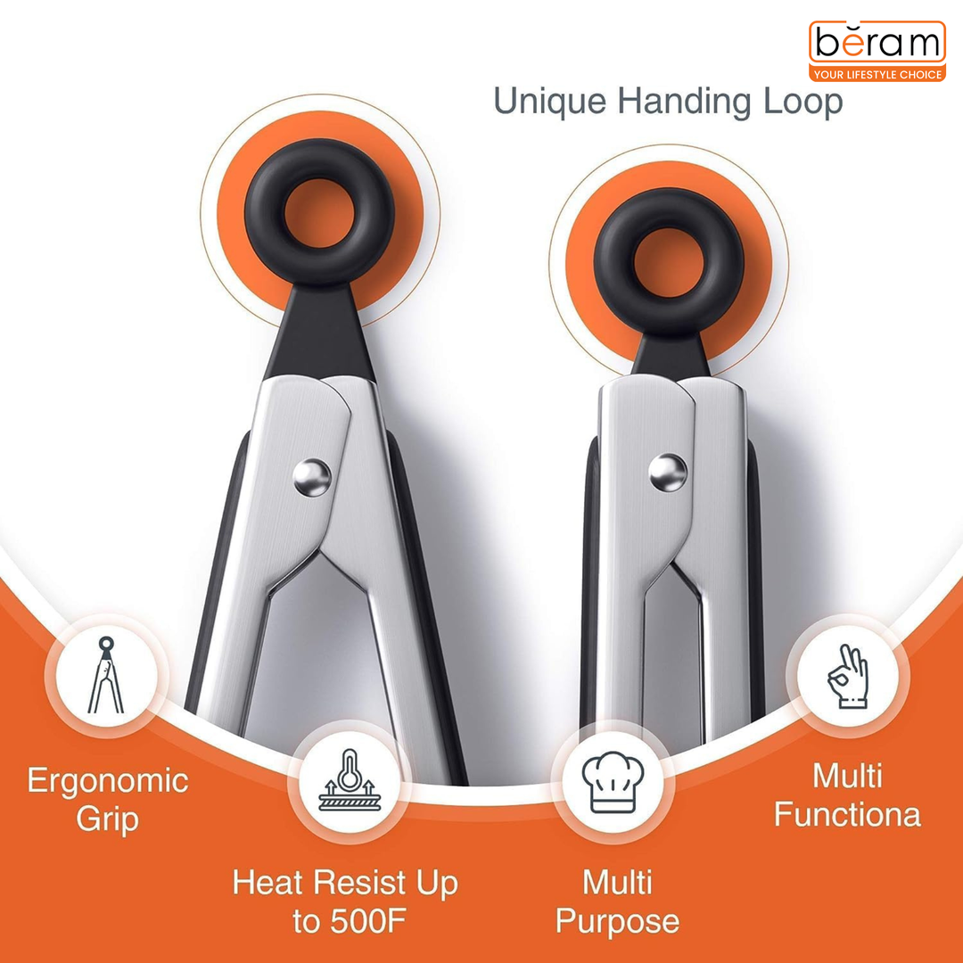 BERAM 270℃ Cooking Tongs, 9 Inch Silicone Kitchen Tongs with Non-Stick Rubber Tips, Padlock System & 18/8 Stainless Steel Handle for Grilling, BBQ, Frying, Serving, Heat Resistant, Non-Scratch