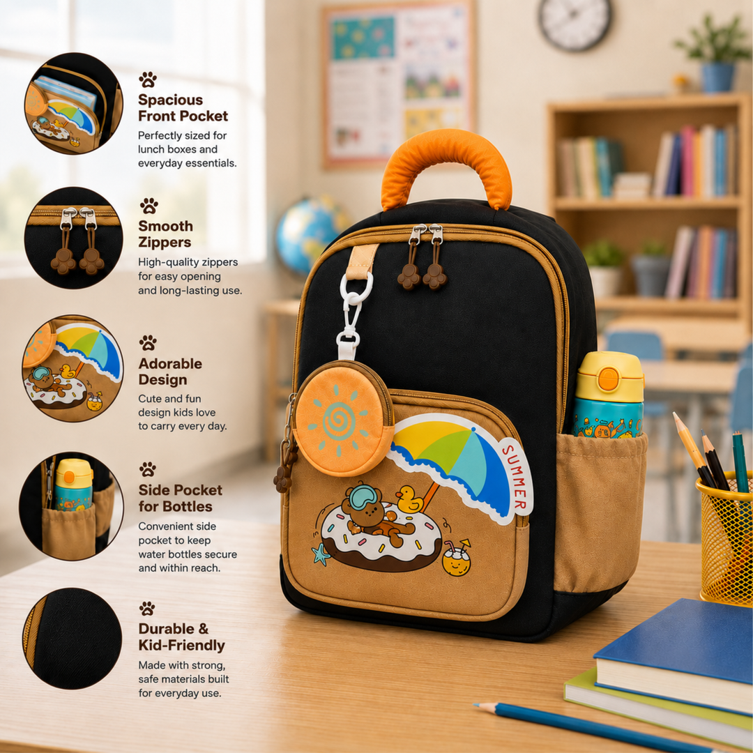 Summer Bear School Backpack for Daily Use, Spacious Multi-Compartment School Bag with Front Zipper Pocket, 2 Side Bottle Pockets, Top Handle, Lightweight Design & Stylish Bear Print