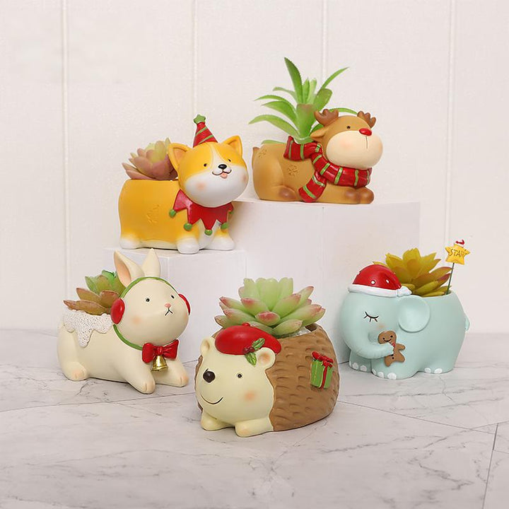 Animal Christmas Flower Pot 4 Pcs Set Rabbit Cat Porcupine Elephant Polyresin Succulent Planter Festive Mini Vase with Santa Hat Gift Box Design Indoor Outdoor Home Office Desk Decor Gift