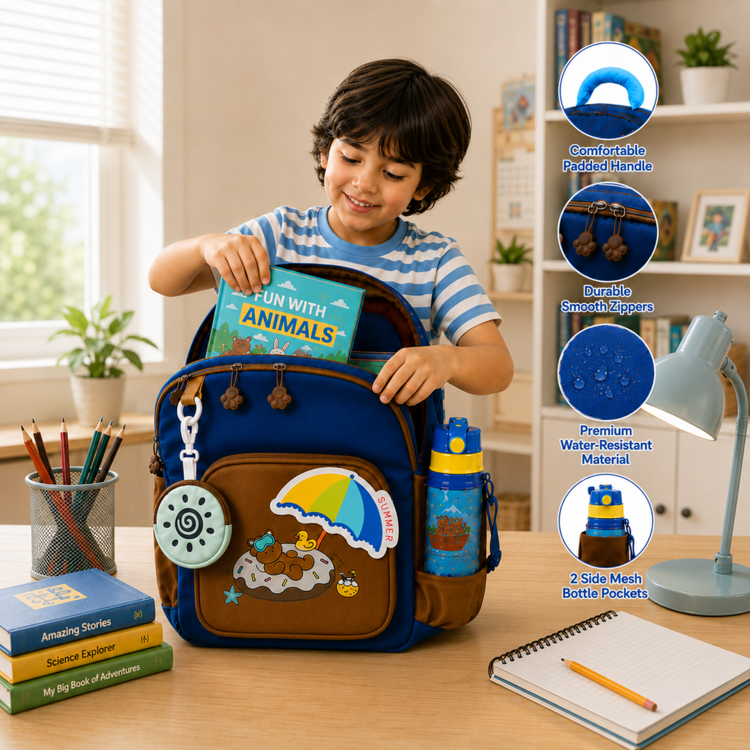 Summer Bear School Backpack for Daily Use, Spacious Multi-Compartment School Bag with Front Zipper Pocket, 2 Side Bottle Pockets, Top Handle, Lightweight Design & Stylish Bear Print