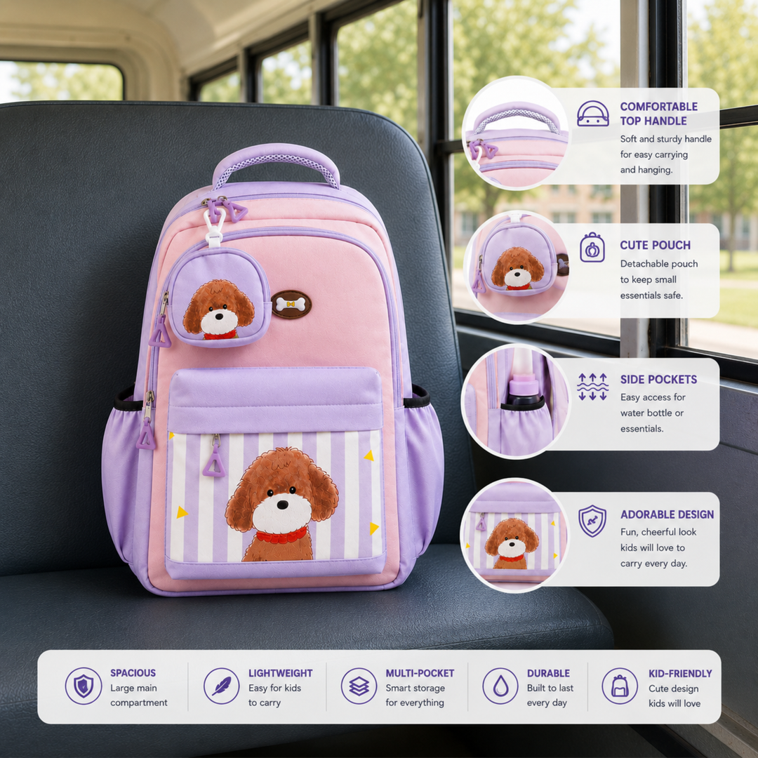 Puppy School Bag, Lightweight Backpack with Multiple Compartments, Front Utility Pocket, Side Bottle Pockets & Adjustable Padded Shoulder Straps