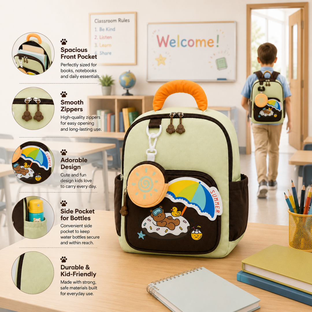 Summer Bear School Backpack for Daily Use, Spacious Multi-Compartment School Bag with Front Zipper Pocket, 2 Side Bottle Pockets, Top Handle, Lightweight Design & Stylish Bear Print