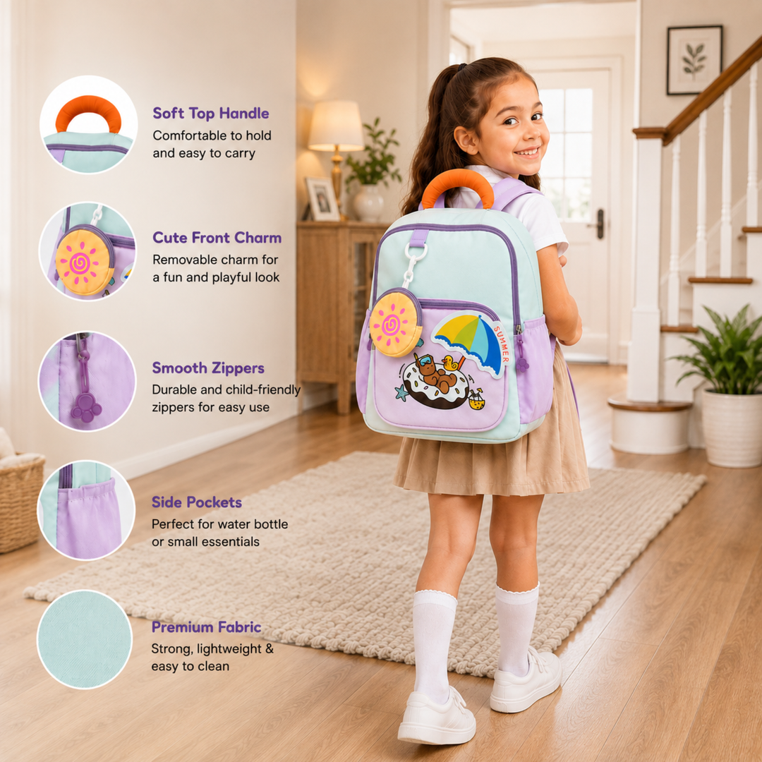 Summer Bear School Backpack for Daily Use, Spacious Multi-Compartment School Bag with Front Zipper Pocket, 2 Side Bottle Pockets, Top Handle, Lightweight Design & Stylish Bear Print