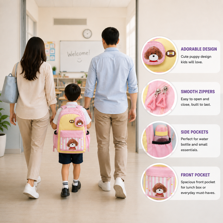 Puppy School Bag, Lightweight Backpack with Multiple Compartments, Front Utility Pocket, Side Bottle Pockets & Adjustable Padded Shoulder Straps
