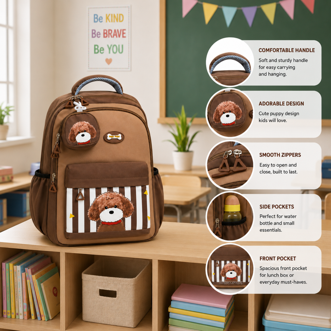 Puppy School Bag, Lightweight Backpack with Multiple Compartments, Front Utility Pocket, Side Bottle Pockets & Adjustable Padded Shoulder Straps