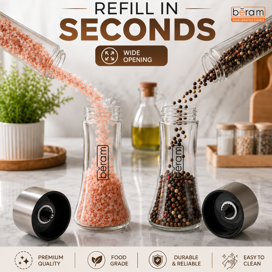 BERAM Salt and Pepper Grinder Set, Stainless Steel Mills with Tall Glass Body, Manual, Adjustable Coarseness for Sea Salt, Black Pepper, Spices, Multipurpose, Perfect for Home Kitchens & Restaurants