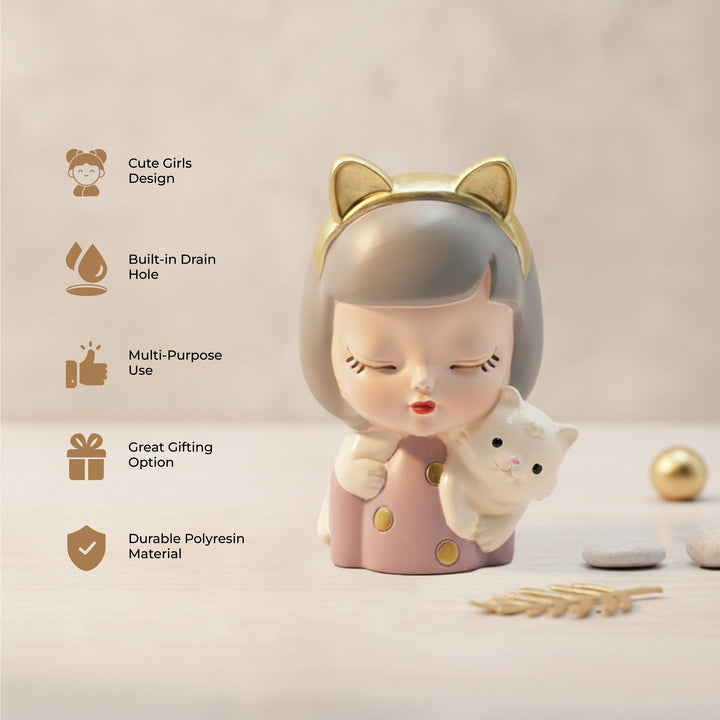 Charming Figurine Set Green Pink Grey Polyresin Decorative Flower Vase Cute Girl Succulent Pot Modern Indoor Home Office Table Decor Propagator Kit Gift Set