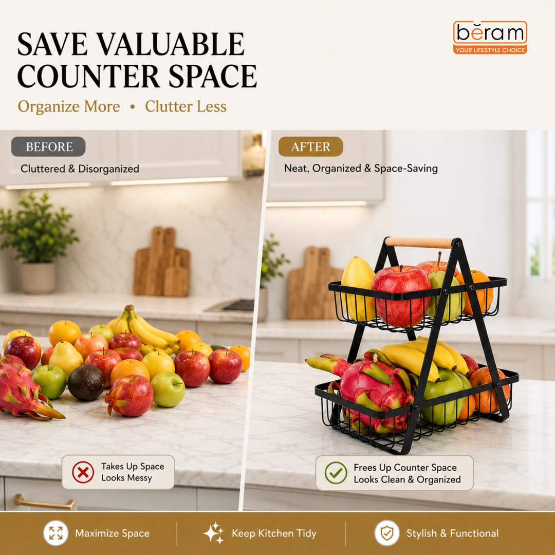 Beram Fruit Basket for Kitchen Counter Metal Wire Fruit Bowl & Vegetable Storage Organizer Rustic Countertop Fruit Holder with Handle for Kitchen, Dining & Pantry