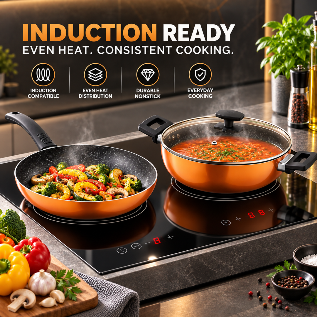 3-Piece Colored Cookware Set with Glass Lids – Premium Stainless Steel & Forged Aluminium, Non-Stick Coating, Ergonomic Bakelite Handles, Even Heat Distribution, Durable & Rust-Resistant Kitchen Pots