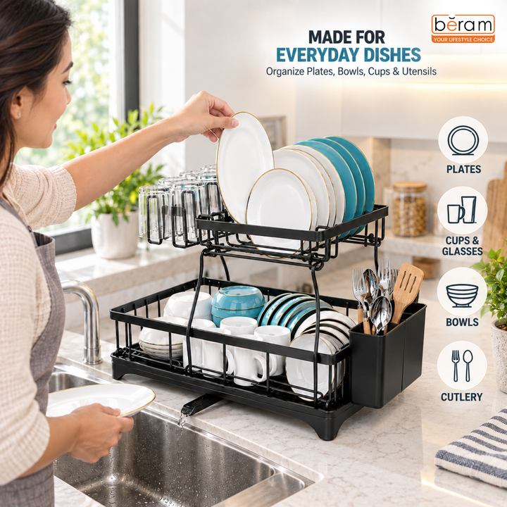 BERAM 2-Tier Stainless Steel Dish Drying Rack – Rust-Resistant Kitchen Organizer with Utensil Holder & Drainboard for Countertop Storage – Black