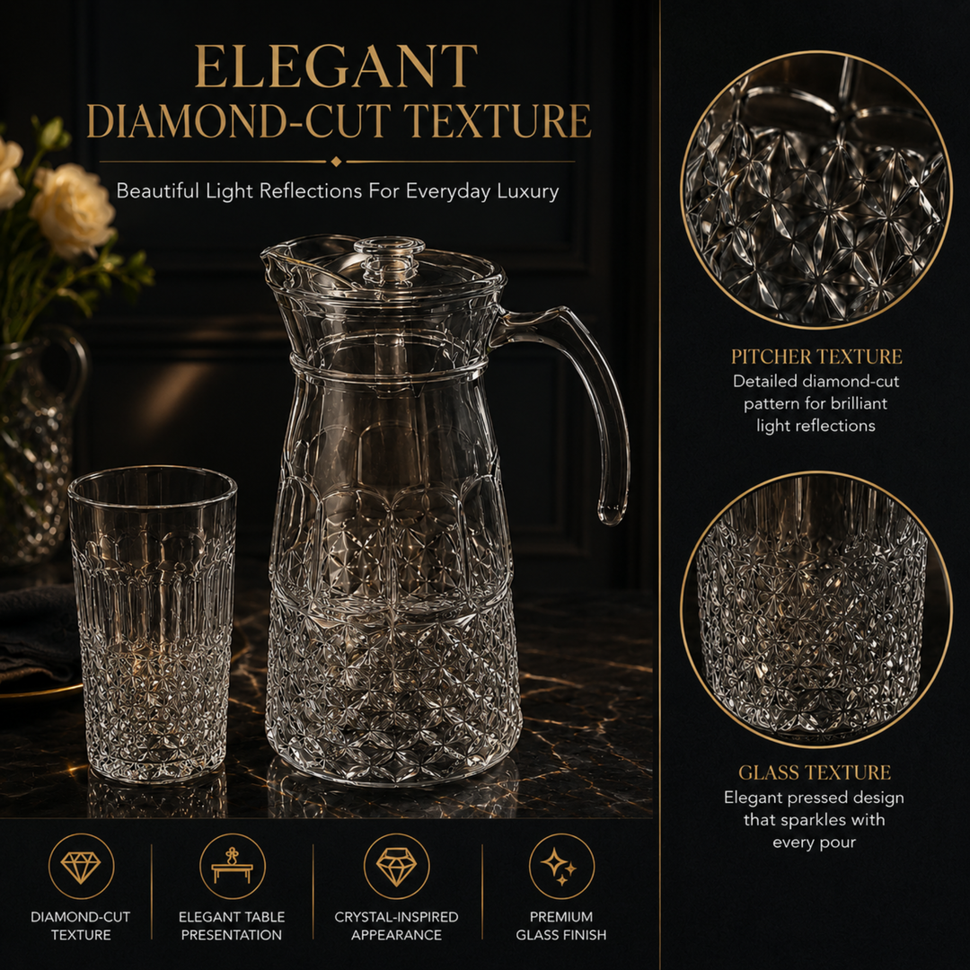 7 Piece Glass Drink Set with Pitcher and 6 Glasses, 11 OZ Drinking Tumblers, Clear Textured Glass Water Juice Beverage Serving Set with Lid, Dishwasher Safe for Home Dining Parties
