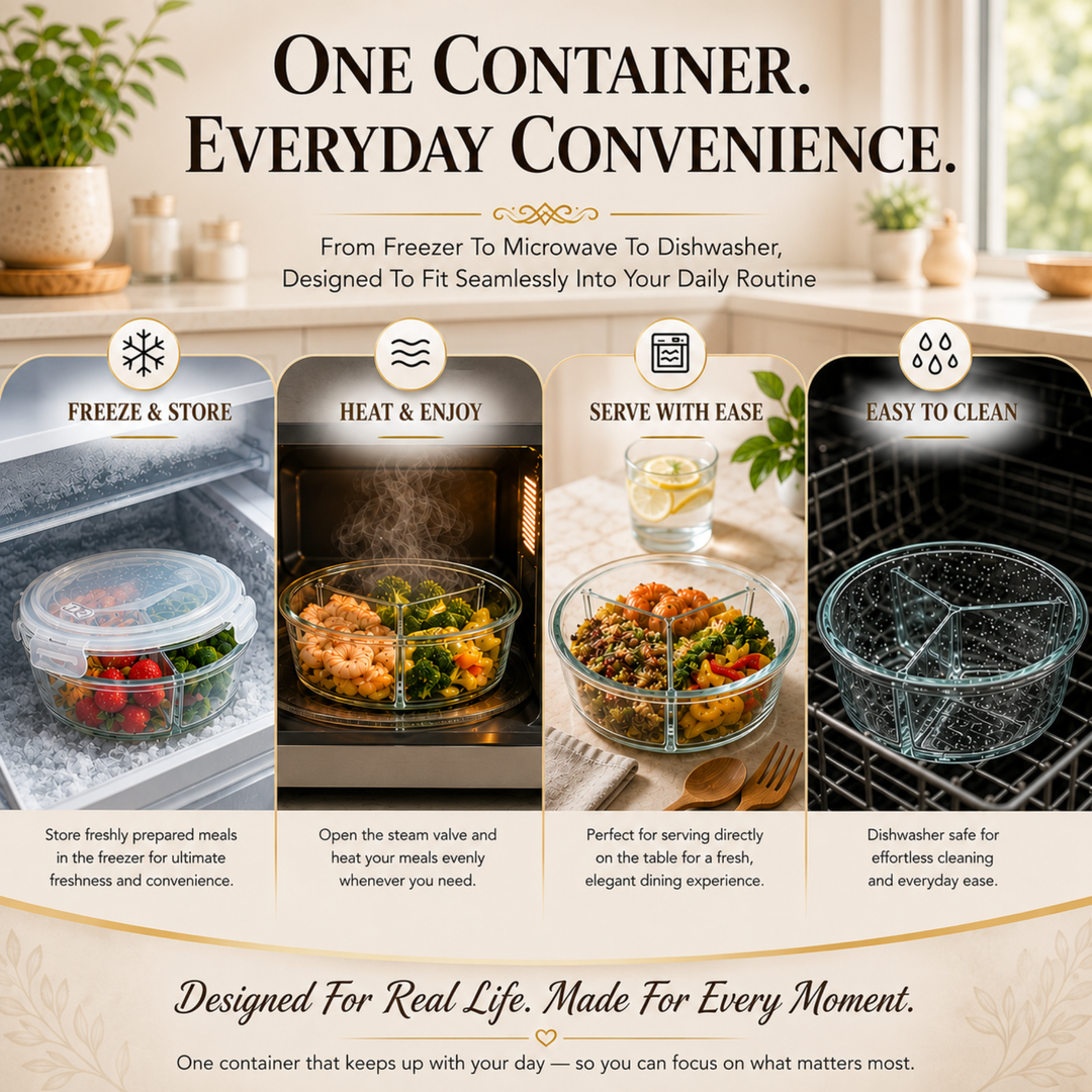 Glass Food Storage Container with Airtight Locking Lid Round 3 Compartment 850ml High Borosilicate Leakproof Meal Prep Lunch Box, Microwave Freezer Refrigerator Safe Glass Container for Food Storage