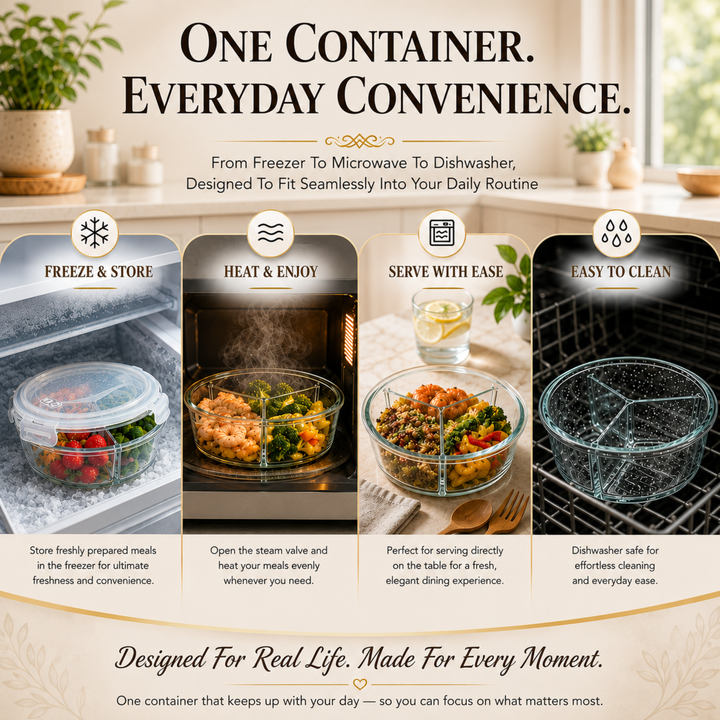 Glass Food Storage Container with Airtight Locking Lid Round 3 Compartment 850ml High Borosilicate Leakproof Meal Prep Lunch Box, Microwave Freezer Refrigerator Safe Glass Container for Food Storage