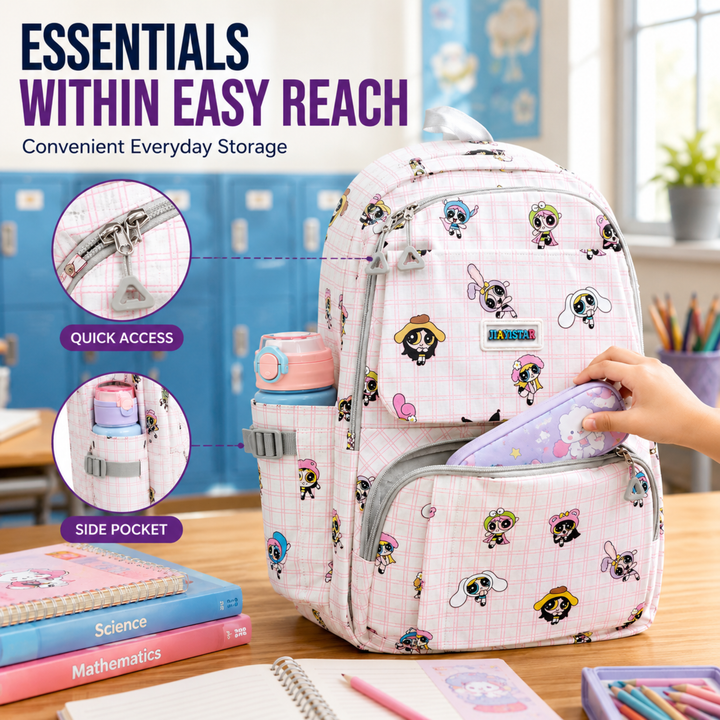 Powerpals School Bag, Lightweight Backpack with Multiple Compartments, Front Utility Pocket, Side Bottle Pockets & Adjustable Shoulder Straps