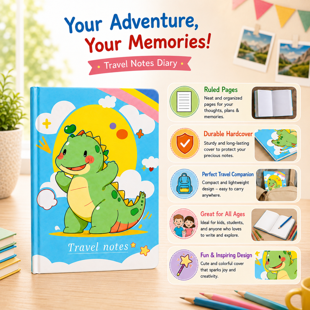 Dinosaur Diary for Students, Cute Dinosaur Notebook for Boys and Girls, Colorful Cartoon Ruled Journal for Writing, Drawing, School Notes, Travel & Everyday Use