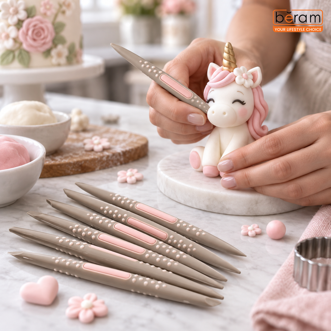 BERAM Fondant Tool Kit 6 Piece Cake Decorating Tools Set Engraving Pens & Needles Food-Grade Plastic Shaping & Molding Tools for DIY Cake Design Fondant & Sugar Craft Detailing Baking Accessories