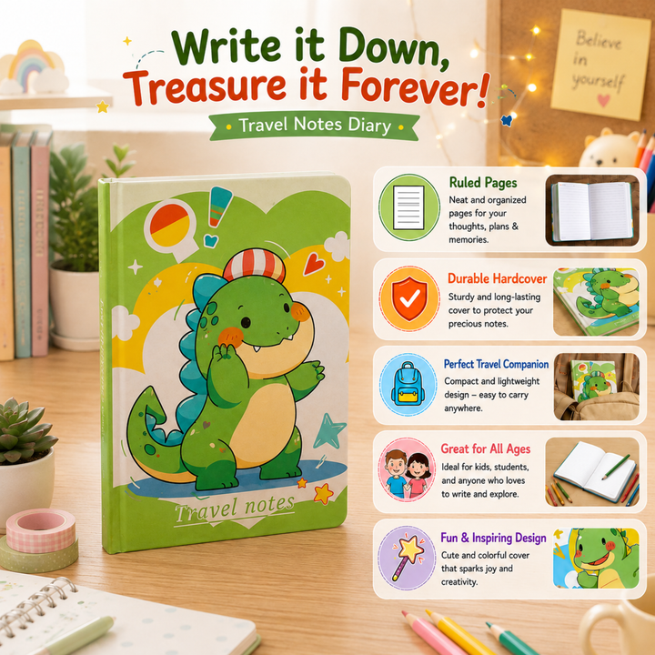 Dinosaur Diary for Students, Cute Dinosaur Notebook for Boys and Girls, Colorful Cartoon Ruled Journal for Writing, Drawing, School Notes, Travel & Everyday Use