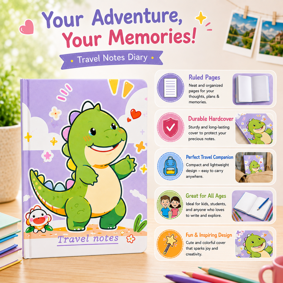 Dinosaur Diary for Students, Cute Dinosaur Notebook for Boys and Girls, Colorful Cartoon Ruled Journal for Writing, Drawing, School Notes, Travel & Everyday Use