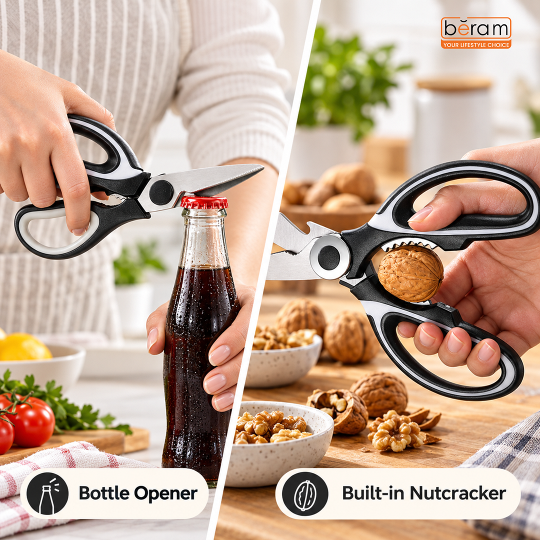 BERAM Multipurpose Kitchen Shears with Nutcracker and Can Opener Heavy Duty 2CR13 Stainless Steel Blades Sharp Rustproof Scissors for Cooking and Household Use