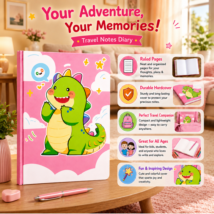 Dinosaur Diary for Students, Cute Dinosaur Notebook for Boys and Girls, Colorful Cartoon Ruled Journal for Writing, Drawing, School Notes, Travel & Everyday Use