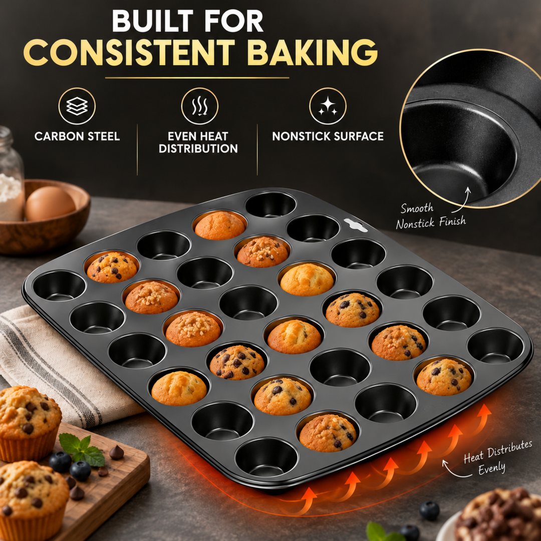 Beram Mini 24 Cupcake Tray Non Stick Carbon Steel Muffin Pan Heavy Duty Oven Safe Bakeware Baking Tray for Cupcakes Muffins Brownies Cookies Pastry Tarts Desserts BPA Free Kitchen Baking Pan