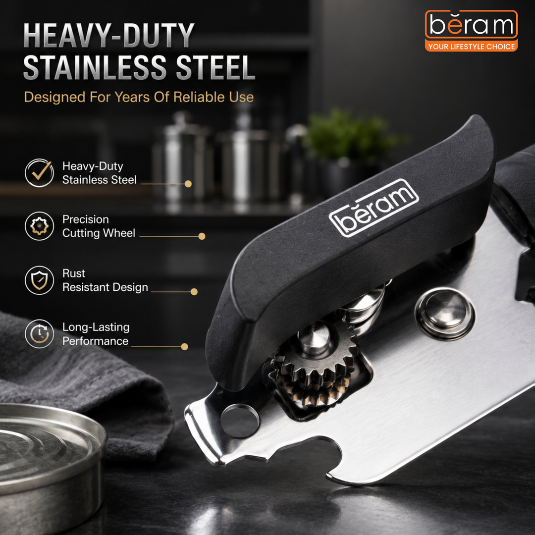BERAM Manual Can Opener – Heavy-Duty Stainless-Steel Handheld Multi-Opener with Built-In Bottle Opener – Anti-Slip Grip, Large Turn Knob, Black