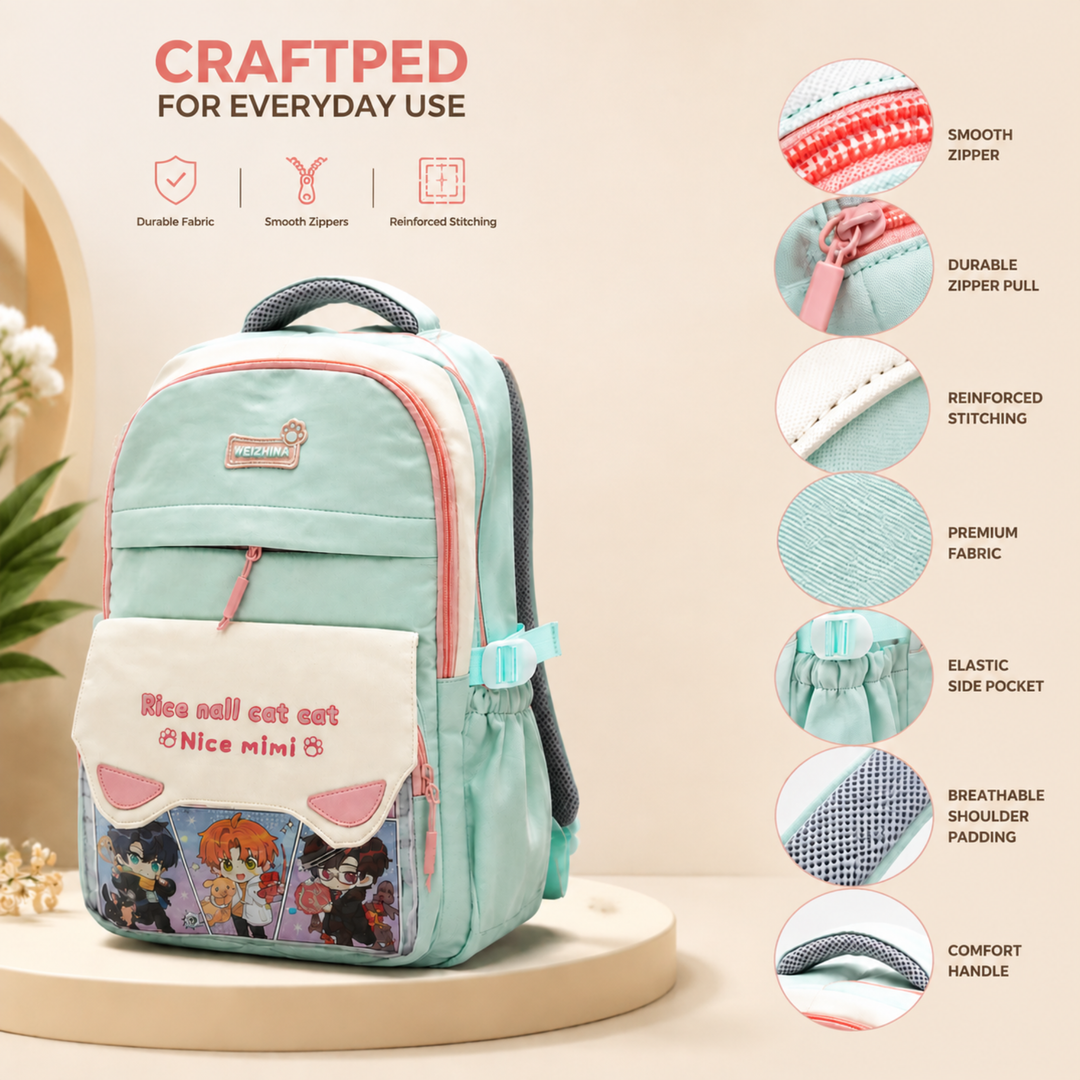 Mimi Meow School Backpack, Cute Cat Water-Resistant Student Backpack with Front Pocket, Lightweight Large Capacity School Bag with Side Bottle Pockets for School & Travel