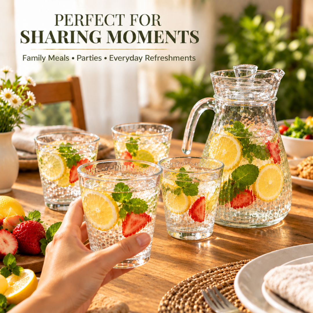 7 Piece Glass Drink Set with Pitcher and 6 Glasses, 11 OZ Drinking Tumblers, Clear Textured Glass Water Juice Beverage Serving Set with Lid, Dishwasher Safe for Home Dining Parties