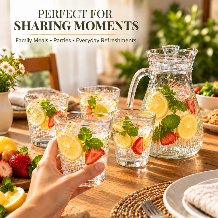 7 Piece Glass Drink Set with Pitcher and 6 Glasses, 11 OZ Drinking Tumblers, Clear Textured Glass Water Juice Beverage Serving Set with Lid, Dishwasher Safe for Home Dining Parties
