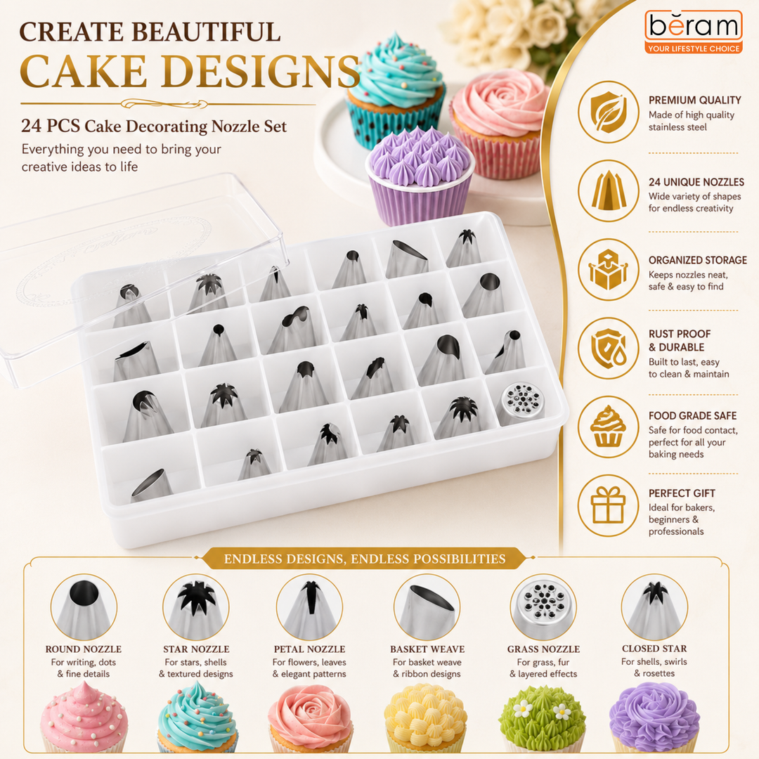 BERAM 24 Pieces Piping Nozzles Stainless Steel Cake Decorating Tools Icing Nozzle Set with Box Cake Decorating Pastry Set Nozzle Tips for Buttercream Frosting Cupcakes Cookies Fondant Designs