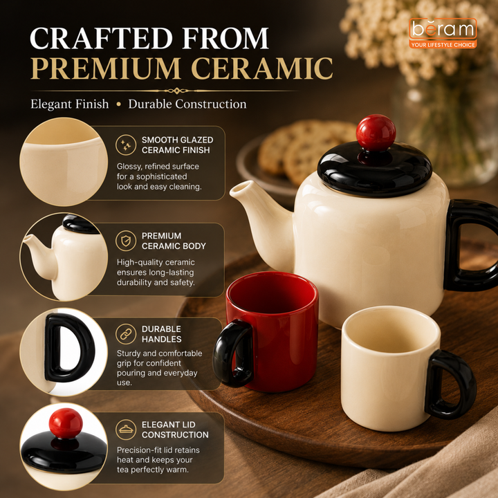 BERAM Ceramic Tea Set 1 Liter Teapot Set with 140ml Cups 6 Pieces Set Removable Stainless Steel Infuser Decorative Tea Set with Gift Packaging Elegant Serveware Tea Party Set Red and White