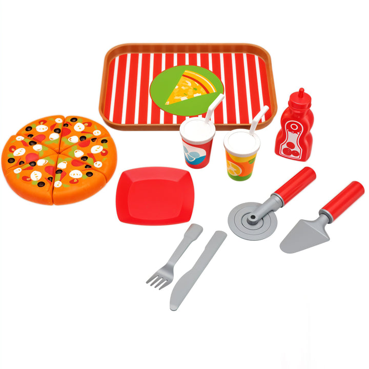 Playtive Deluxe Pizza Play Set for Kids – 16-Piece Pretend Food Toy with Slices, Utensils, Cups & Sauce Bottle – Interactive Role Play Cooking Set for Toddlers & Children – Safe, Colorful, and Educational Kitchen Toy for Ages 3+