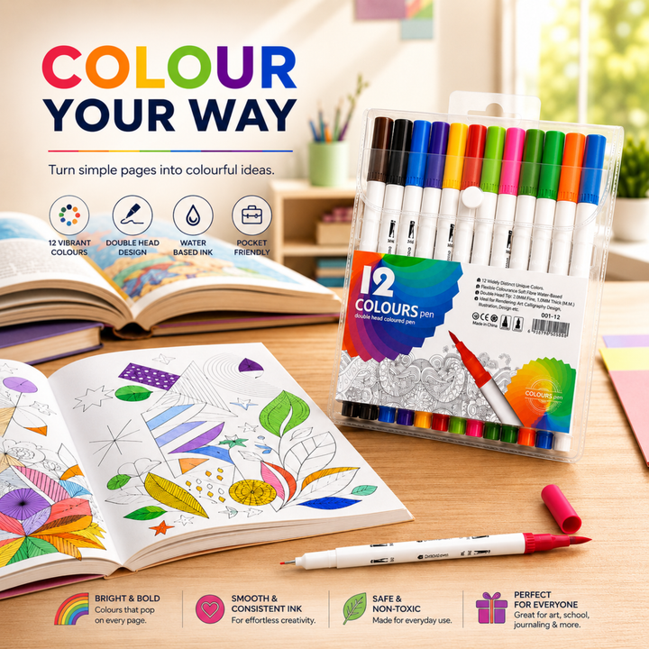 12 Colours Dual Tip Marker Pens Set, Water Based Colouring Pens with 1mm & 2mm Tips, Vibrant Double Head Art Markers for Drawing, Writing, Calligraphy, Illustration, School & Craft