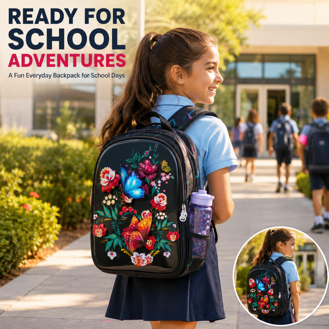 3D-Effect Printed School Backpack – Spacious Multi-Compartment School Bag with Front Zipper Pocket, 2 Side Bottle Pockets, Top Handle, Lightweight Design & Stylish Front Graphic