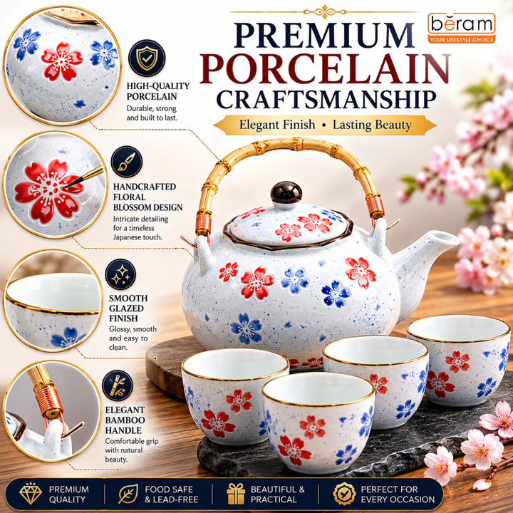 BERAM Porcelain 5 Pieces Tea Set Japanese Inspired Teapots and Cups Wooden Coasters Scratch Resistant Decorative Tea Set with Gift Packaging Multicolor Premium Serveware Home Decor