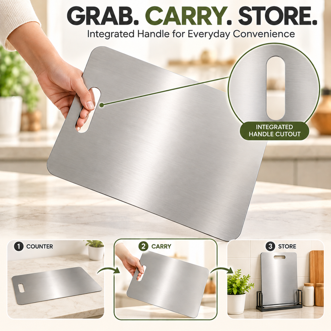 Stainless Steel Cutting Board 35 x 27.5 cm, Large Metal Chopping Board with Handle, Reusable Food Prep Board for Meat, Vegetables, Fruits, Dough & Kitchen Countertop