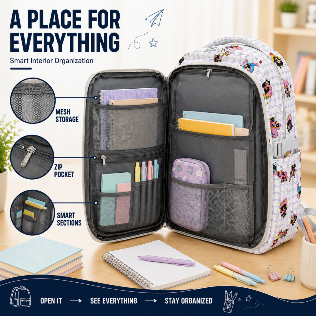 Powerpals School Bag, Lightweight Backpack with Multiple Compartments, Front Utility Pocket, Side Bottle Pockets & Adjustable Shoulder Straps