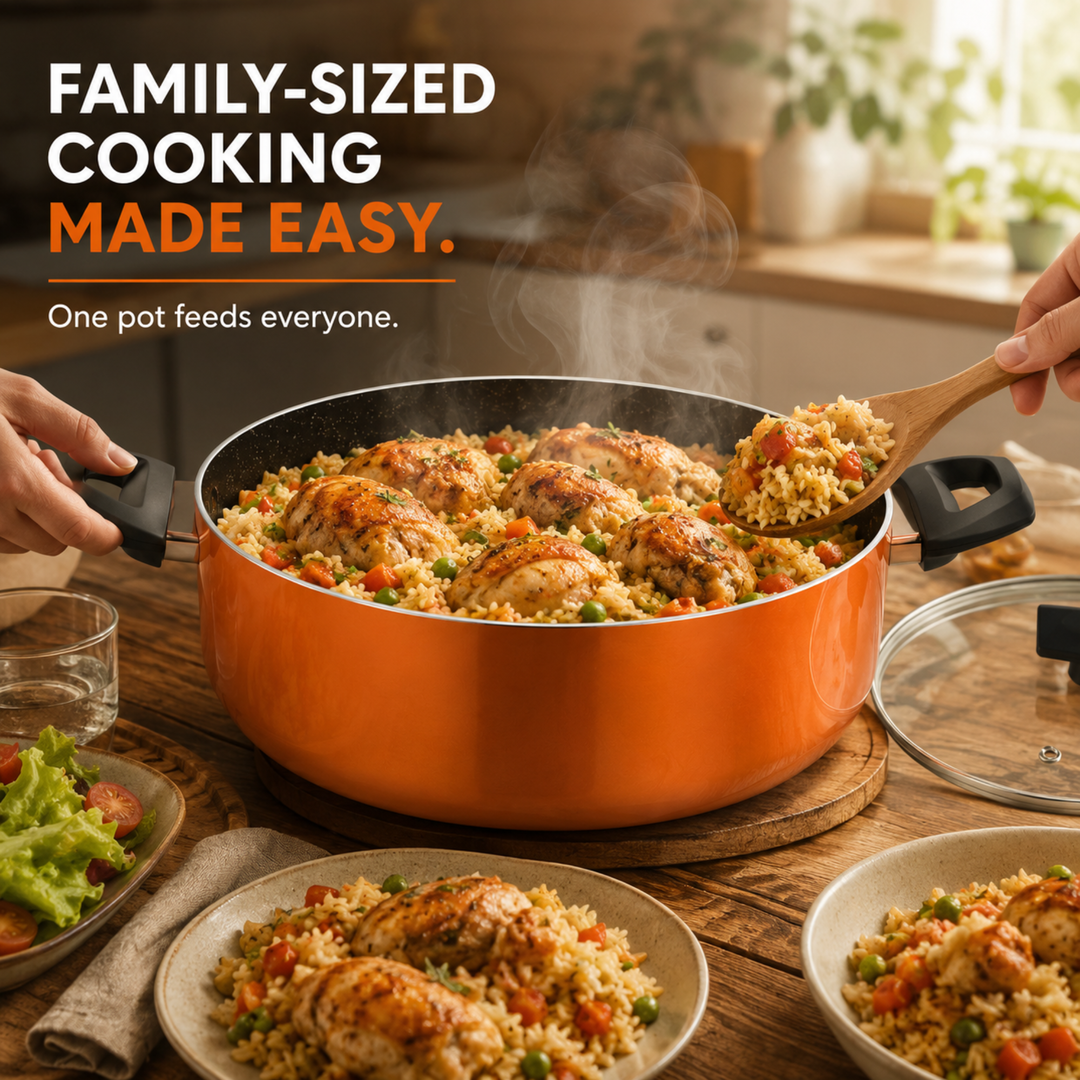 3-Piece Ultra Pressed Aluminium Non-Stick Induction Bottom Cookware Set – 28cm Fry Pan & 26cm Casserole with Lid, Rust Orange Finish, Even Heat Distribution