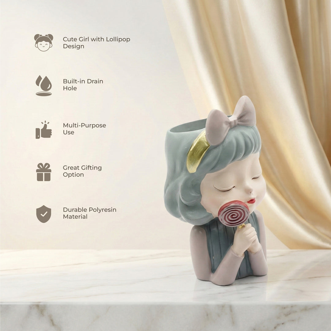 Charming Figurine Set Green Pink Grey Polyresin Decorative Flower Vase Cute Girl Succulent Pot Modern Indoor Home Office Table Decor Propagator Kit Gift Set