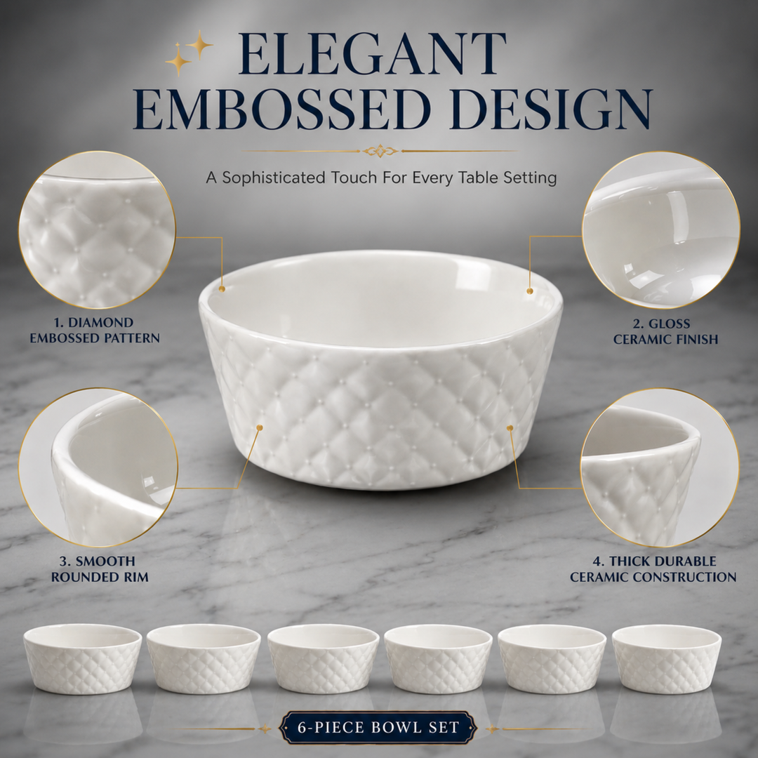Ceramic Mini Bowl Set 6 Pieces White Microwave & Dishwasher Safe Heat Resistant Ceramic Bowls for Soup Snacks Desserts Dips Ice Cream Serving and Everyday Kitchen Use