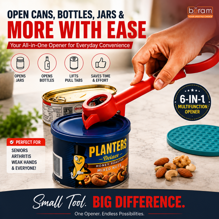BERAM Can Opener 6-in-1 Multiopener – Multifunctional Jar, Bottle, Pull Tab, and Seal Opener – Ergonomic Lid Opener Tool for Weak Hands and Seniors – Kitchen Essential
