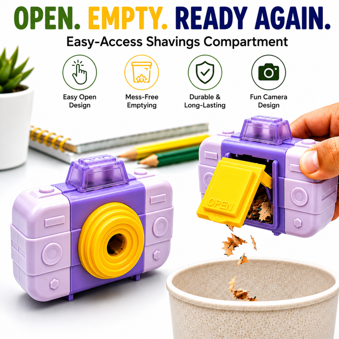 Camera Pencil Sharpener with Eraser, 2-in-1 Camera-Shaped Pencil Sharpener and Eraser, Cute Stationery Sharpener for School, Office, Study, Drawing and Everyday Use