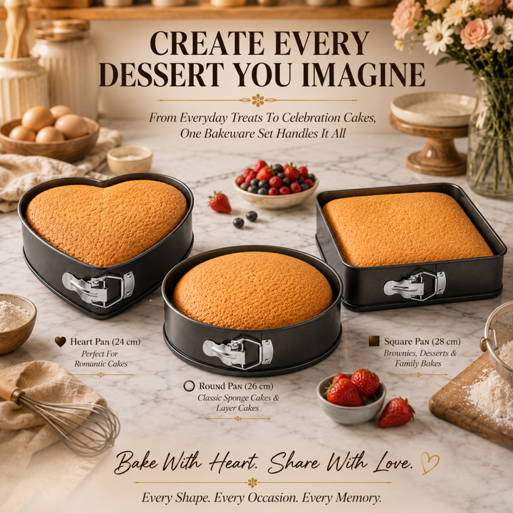 3 Piece Springform Cake Pan Set, Non Stick Carbon Steel Baking Tins with Removable Bottom & Quick Release Latch, Round 26cm Square 28cm Heart 24cm Bakeware for Cheesecake Pizza Cake Baking