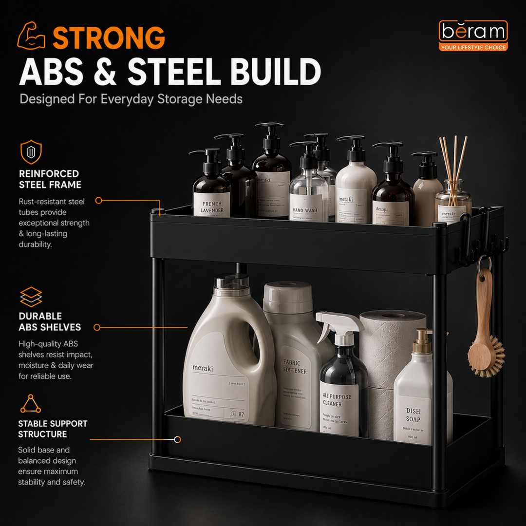 Beram Under Sink Organizer 2-Tier Sliding Cabinet Shelf Rack with Pull Out Drawer Hooks Double Layer Bathroom Kitchen Bedroom Countertop Storage Rack Space Saving Organizer Black