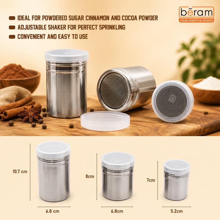 BERAM Sugar Shakers Stainless Steel Powder Shakers 3 Piece Set Seasoning Canisters with Lids Dry Food Storage Containers Cake Flour Sieve Dry Ingredients Sprinkler Kitchen Essentials