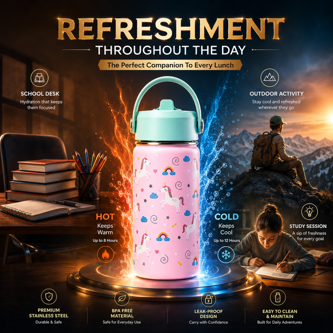 Beram Kids School Lunch Combo Set Stainless Steel Thermal Water Bottle 500ml Insulated Bento Lunch Box 780ml with Spoon Fork Cutlery BPA Free Leakproof