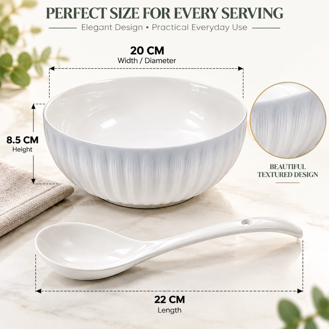 White Ceramic Serving Bowl with Spoon, 20cm Deep Textured Bowl for Soup, Curries, Salads, Desserts & Everyday Food Serving
